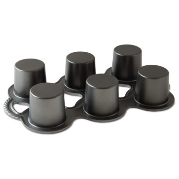 Nordic Ware aluminum popover pan with six deep cylindrical cups, dark gray nonstick coating