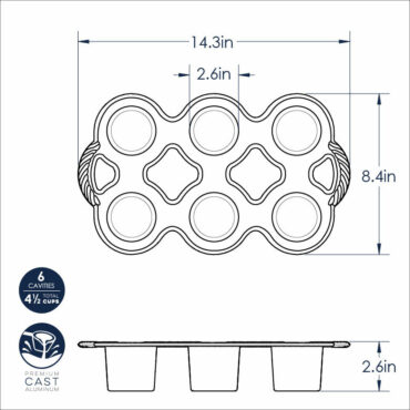 Nordic Ware Grand Popover Pan dimensional diagram showing 6-cup aluminum baking pan with measurements