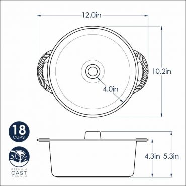 Nordic Ware cast aluminum angel food cake pan dimensional drawing showing 18-cup capacity with handles