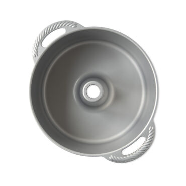 Nordic Ware aluminum tube pan with center funnel, silver nonstick interior, dual curved handles