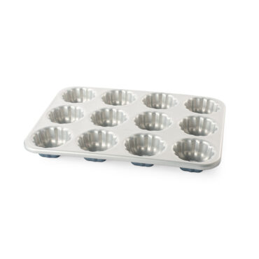 Nordic Ware aluminum mini bundt cupcake pan with 12 fluted cavities, twilight blue exterior, silver interior