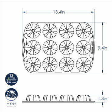 Nordic Ware Bundt Brownie Pan dimensional drawing showing 12 fluted cavities, 13.4 x 9.4 inch aluminum baking pan