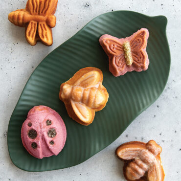 Colorful bug-shaped cakes from Nordic Ware Backyard Bugs pan arranged on green leaf plate with butterfly, bee, and ladybug designs