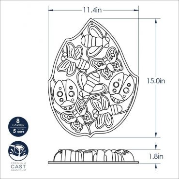 Nordic Ware aluminum Backyard Bugs pan dimensional drawing showing bug-shaped cavities, 11.4 x 15 inches