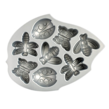 Nordic Ware aluminum Backyard Bugs baking pan with ladybug, butterfly, and bee-shaped cavities, silver finish