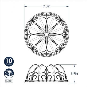 Nordic Ware Fleur de Lis bundt pan dimensional drawing showing 9.3-inch diameter and 3.9-inch height measurements
