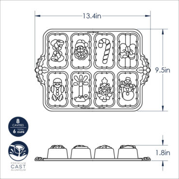 Nordic Ware aluminum Holiday Mini Loaf pan with 8 rectangular cavities, natural silver finish