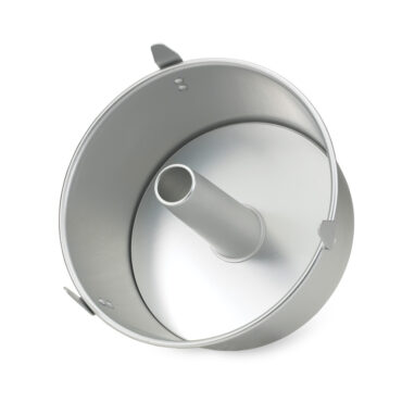 Nordic Ware aluminum angel food cake pan with removable center cone, natural silver finish, overhead view