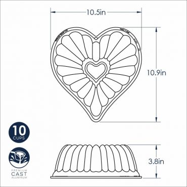 Nordic Ware aluminum Elegant Heart Bundt pan, 10-cup capacity with decorative heart-shaped fluted design