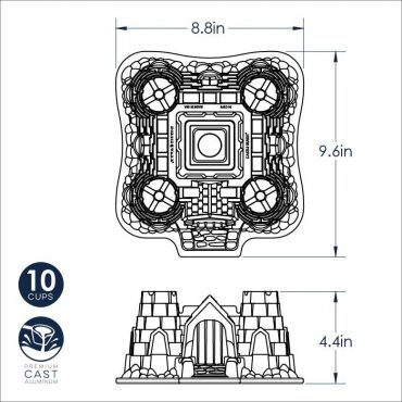 Nordic Ware aluminum Castle Bundt pan with castle turret design, silver finish, dimensional product view