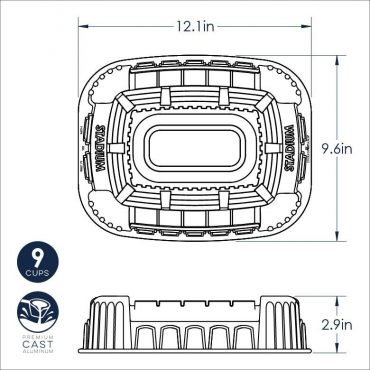 Nordic Ware Stadium Bundt pan dimensional drawing showing measurements and cross-section view