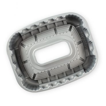 Nordic Ware Stadium Bundt pan interior view, aluminum with silver nonstick coating and geometric ridged design