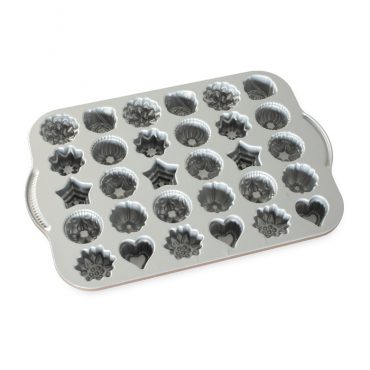 Nordic Ware aluminum bundt pan with 6 small fluted cavities for tea cakes, natural silver finish