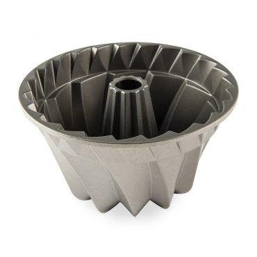 Nordic Ware Kugelhopf bundt pan interior, aluminum with dark nonstick coating, swirled fluted design