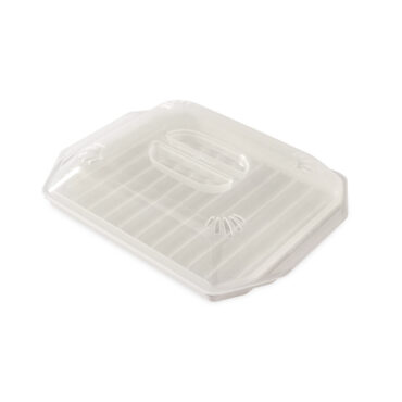 Nordic Ware white plastic compact bacon tray with clear lid, rectangular with ridged bottom and handles