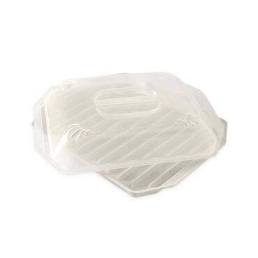 Nordic Ware white plastic compact bacon tray with clear lid, rectangular with ridged cooking surface
