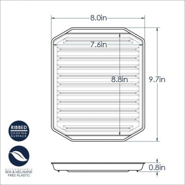 Nordic Ware compact bacon rack dimensional drawing showing rectangular aluminum rack with ribbed surface, 8.0 x 9.7 inches