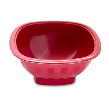 Nordic Ware red plastic microwave popcorn bowl with rounded square shape and spout for pouring