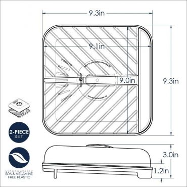 Technical diagram showing dimensions and measurements for Nordic Ware Medium Slanted Bacon Tray with Lid