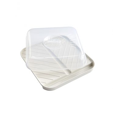 Nordic Ware aluminum bacon tray with clear lid, slanted ribbed surface and grease collection well
