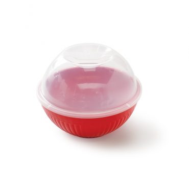 Nordic Ware Quick Pop microwave popcorn maker with red plastic bowl base and clear dome lid with handle