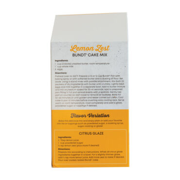 Back of Nordic Ware Lemon Zest Bundt Cake Mix package showing recipe instructions and orange citrus glaze variation