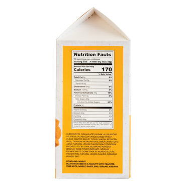 Nordic Ware Lemon Zest Bundt Cake Mix box side panel displaying nutrition facts and ingredients on orange label