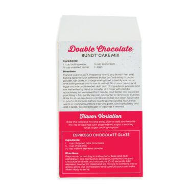 Back of Nordic Ware Double Chocolate Bundt cake mix box showing ingredients and espresso glaze recipe
