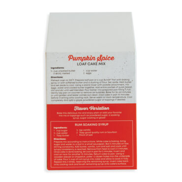 Nordic Ware Pumpkin Spice Quick Bread mix package back showing ingredients, instructions, and recipe details