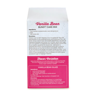 Back of Nordic Ware Vanilla Bean Bundt cake mix box showing ingredients, directions, and glaze recipe