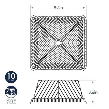 Nordic Ware Bundt Squared pan dimensional drawing showing measurements and fluted square design specifications
