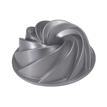Nordic Ware Heritage bundt pan, aluminum with elegant swirled fluted design, metallic silver finish