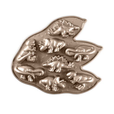 Nordic Ware aluminum dinosaur cakelet pan with 8 cavities, toffee bronze finish, overhead view