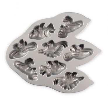 Nordic Ware aluminum dinosaur cakelet pan with 8 detailed cavities, silver nonstick interior coating