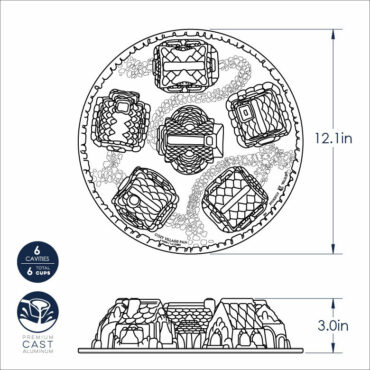 Nordic Ware Cozy Village cakelet pan dimensional drawing showing 6 house-shaped cavities and measurements