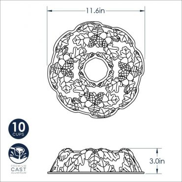 Nordic Ware Autumn Wreath Bundt pan dimensional drawing showing leaf and acorn design details