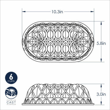 Nordic Ware aluminum Jubilee loaf pan with intricate geometric floral pattern, oval shape, cast aluminum construction