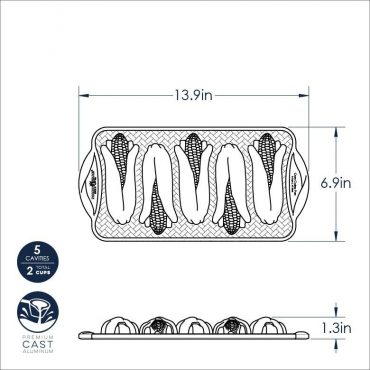 Nordic Ware aluminum corn cakes baking pan with 12 corn-shaped cavities, natural silver finish