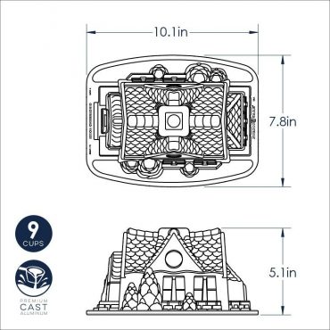 Nordic Ware Gingerbread House Bundt pan technical drawing showing dimensional measurements and specifications