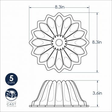 Nordic Ware cast aluminum Lotus Bundt pan dimensional drawing, 5-cup capacity with lotus petal design