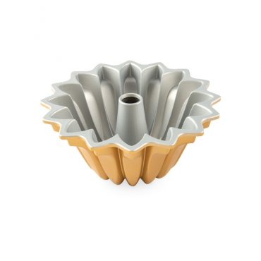 Nordic Ware Lotus bundt pan with fluted petal design, silver nonstick interior and gold exterior