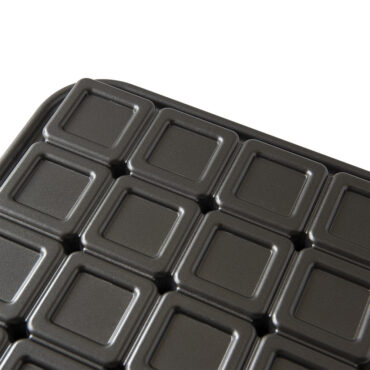 Nordic Ware aluminum brownie bites pan with 12 square cavities, natural silver finish, exterior view