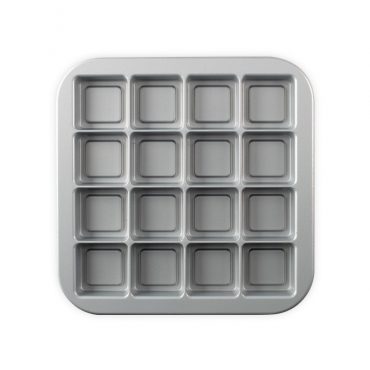 Nordic Ware aluminum brownie bites baking pan with 12 square cavities, natural silver finish