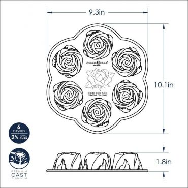 Nordic Ware Rosebud cake pan dimensional drawing showing 6-cavity floral design, 9.3 x 10.1 inches