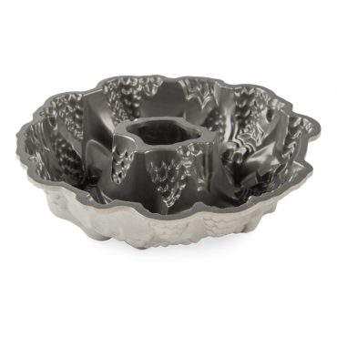 Nordic Ware Holiday Wreath bundt pan interior showing silver nonstick coating and decorative holly leaf pattern
