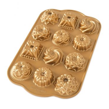 Nordic Ware gold aluminum bundt charms pan with 12 mini decorative cavities in assorted intricate designs