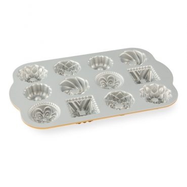 Nordic Ware Bundt Charms aluminum baking pan with 12 mini cavities in assorted fluted designs, silver nonstick