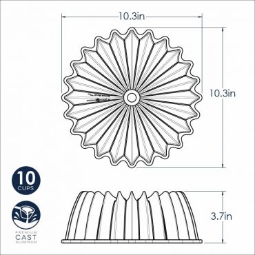 Nordic Ware cast aluminum Brilliance bundt pan, circular with geometric star pattern design, dark gray finish