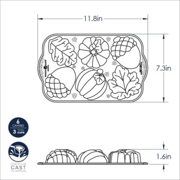 Nordic Ware aluminum autumn leaves baking pan technical drawing with measurements
