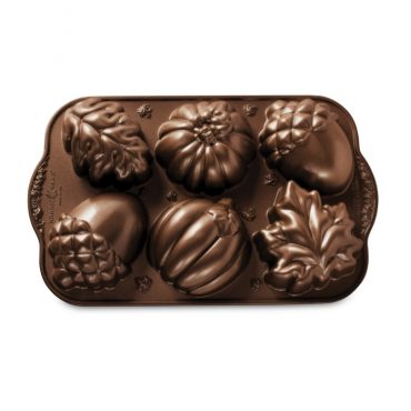 Nordic Ware bronze aluminum baking pan with 6 autumn-themed cavities: leaves, pumpkins, and acorns
